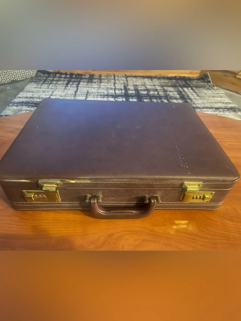 Classic Brown Leather Hard Briefcase with Gold Hardware